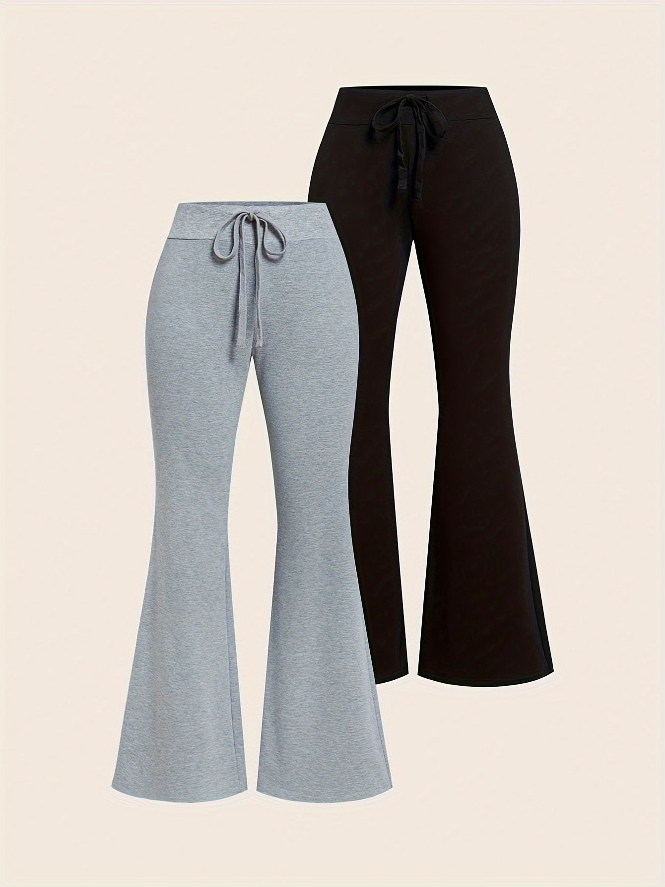 Solid Flare Leg Pants 2 Packs, Casual Drawstring High Waist Pants,