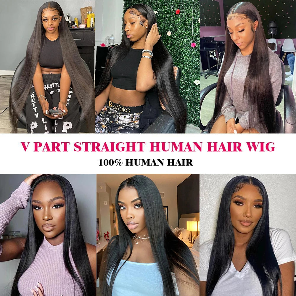 250 Density V Part Bone Straight Glueless Wig Human Hair Ready To Wear  30 Inch Brazilian Wigs for Women