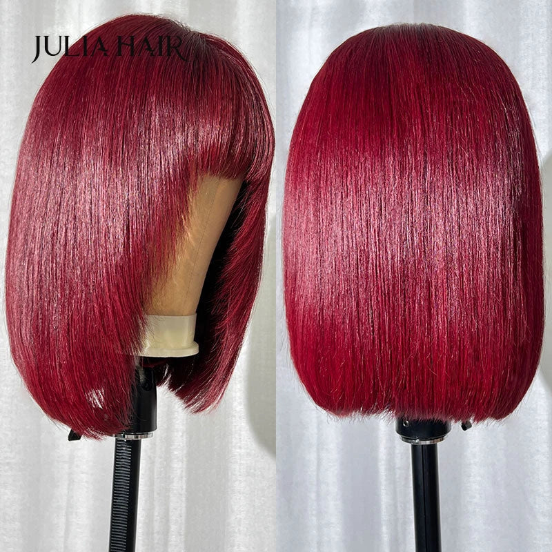 Julia Hair Wolf Cut Burgundy Bob With Bangs Pre Plucked Hairline 13x4 Lace Frontal Human Hair Wig With Baby Hair - theultimatemarketshop