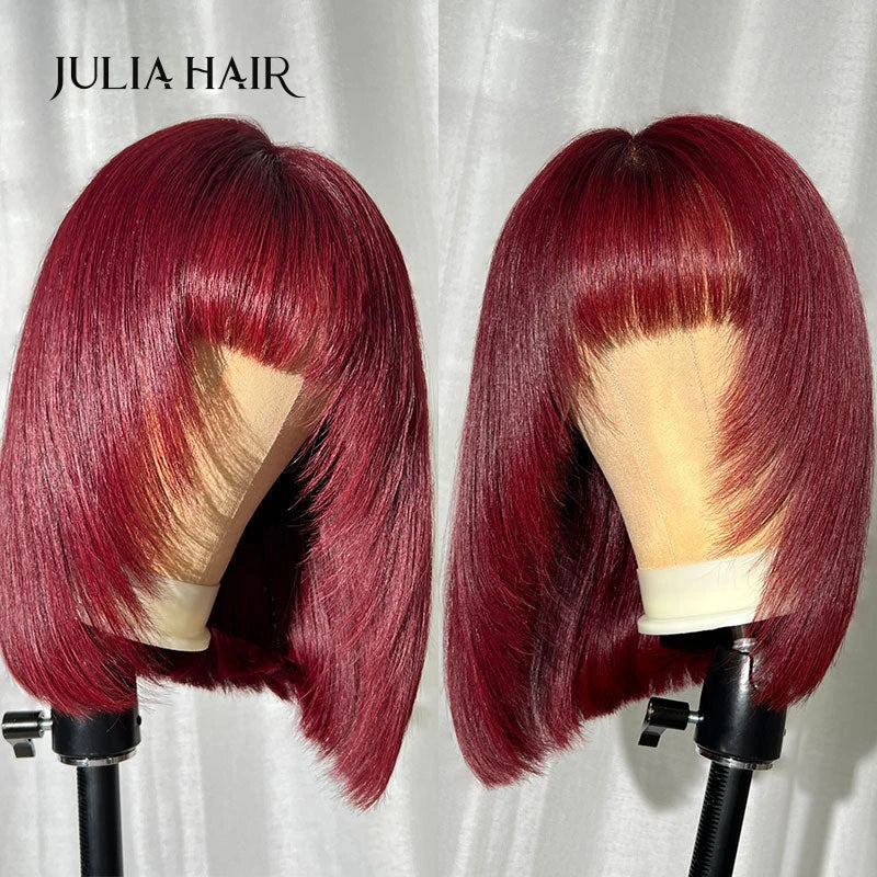 Julia Hair Wolf Cut Burgundy Bob With Bangs Pre Plucked Hairline 13x4 Lace Frontal Human Hair Wig With Baby Hair - theultimatemarketshop