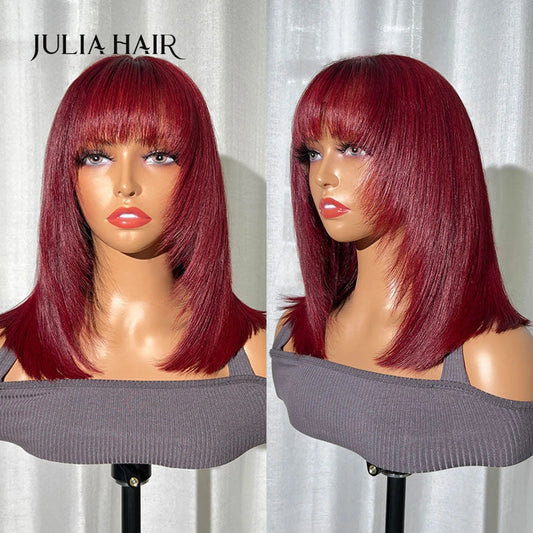 Julia Hair Wolf Cut Burgundy Bob With Bangs Pre Plucked Hairline 13x4 Lace Frontal Human Hair Wig With Baby Hair - theultimatemarketshop