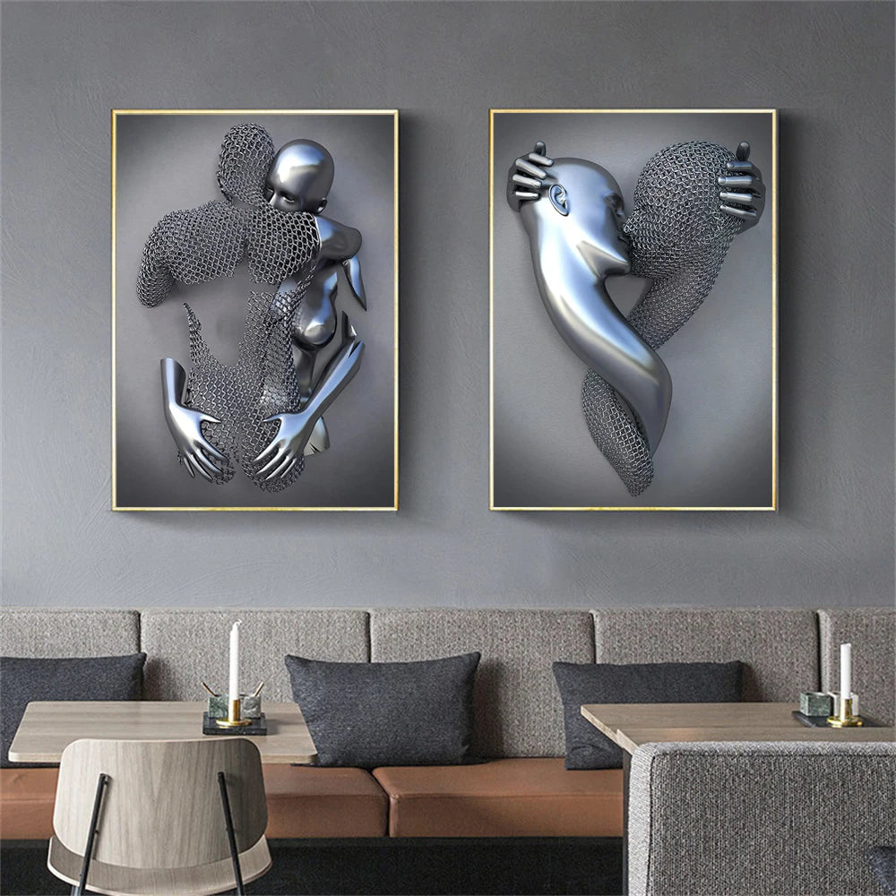 Abstract Metal Figure Statue Canvas Painting Romantic Wall Art Posters And Prints