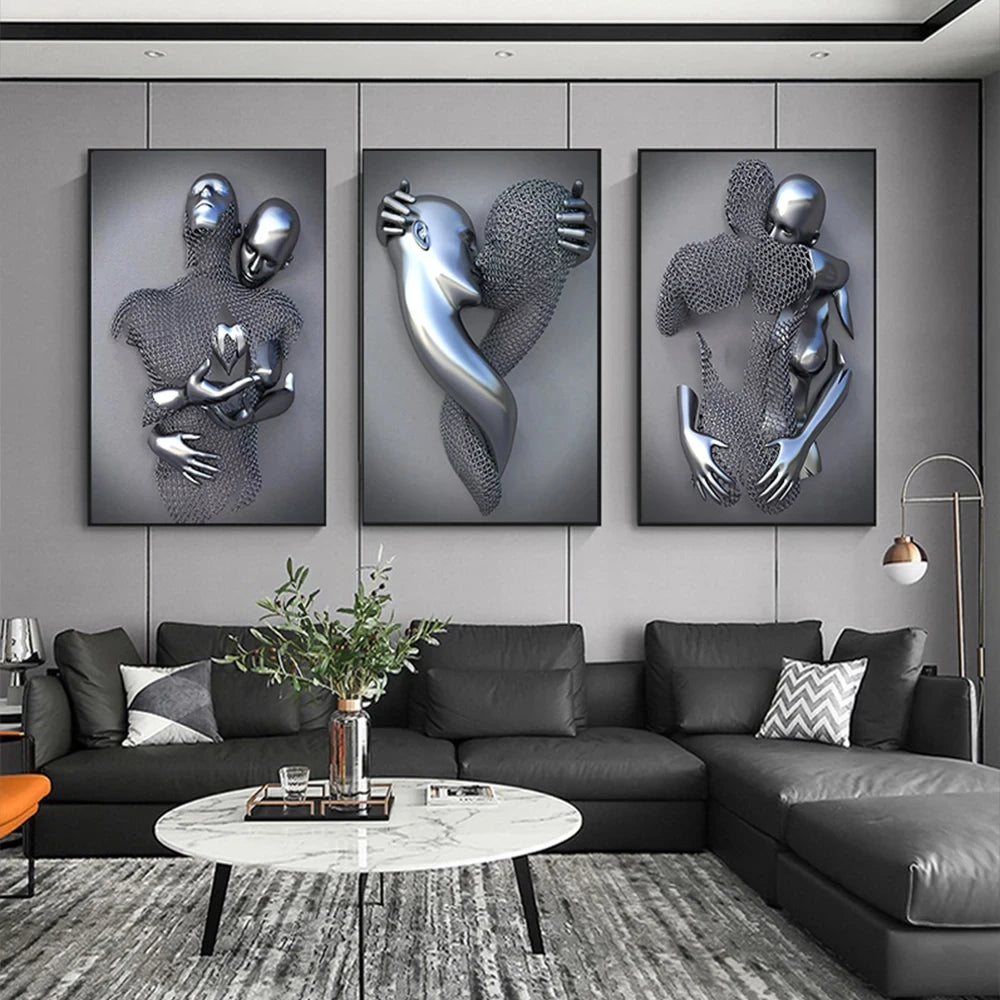 Abstract Metal Figure Statue Canvas Painting Romantic Wall Art Posters And Prints