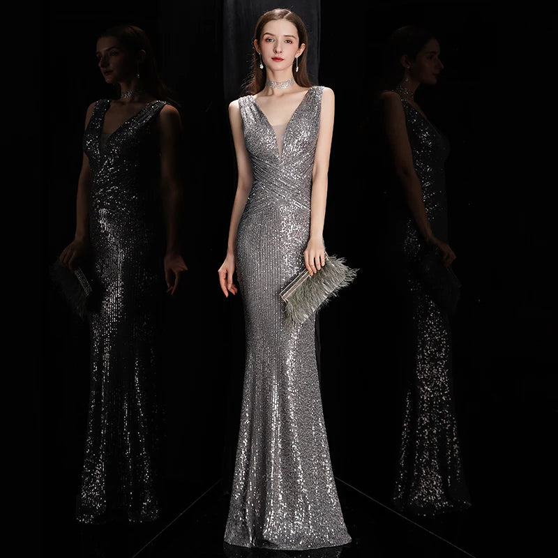 Elegant V Neck Sequin Evening Dress Long 2023 New Women Mermaid Formal Dress Party Gown Bodycon Maxi Prom Dress