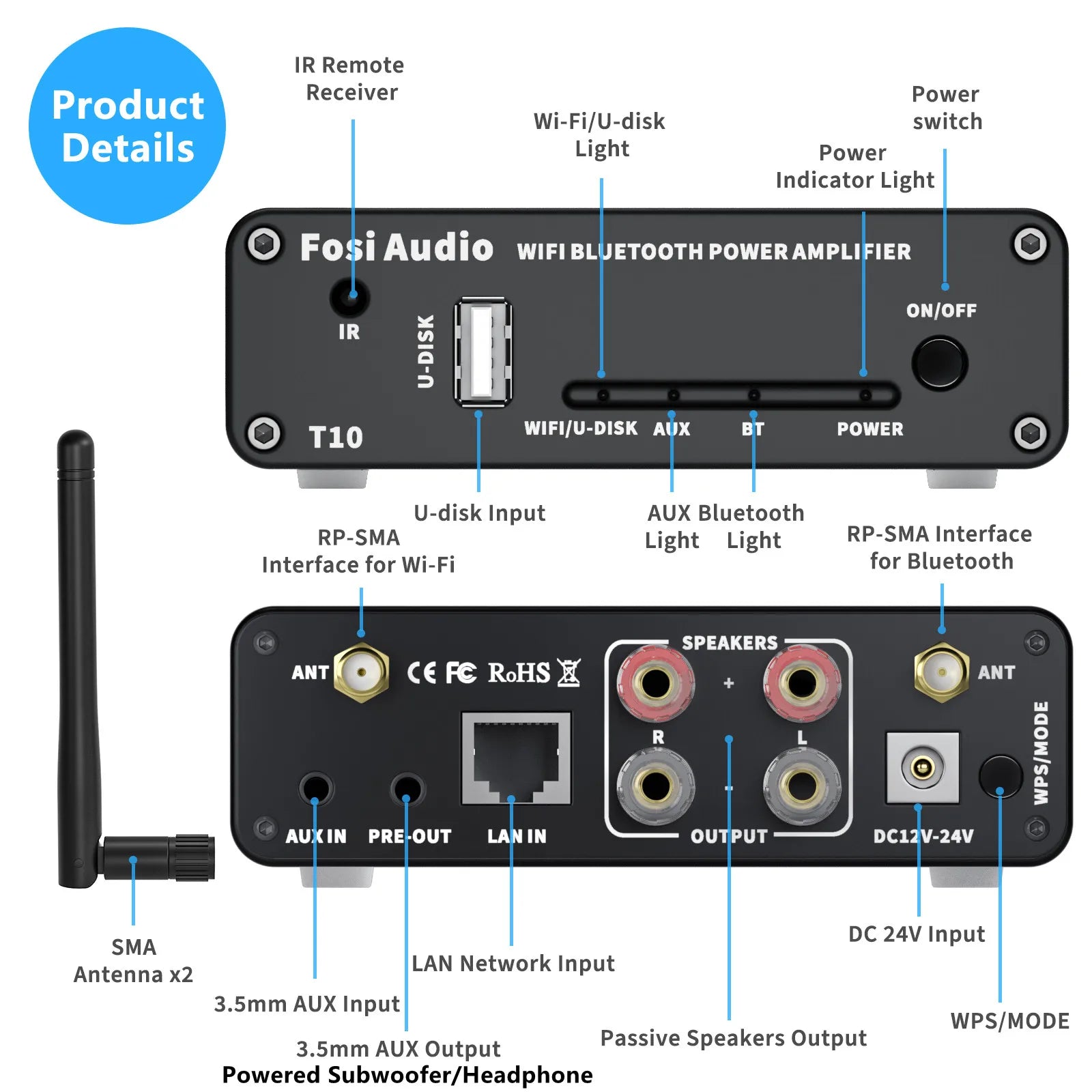 Fosi Audio T10 Stereo Sound Amp 100W Powerful Audio Wifi Amplifier With Wi-Fi 2.4G Bluetooth U-disk APP Remote Control - theultimatemarketshop