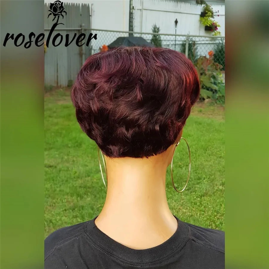 Short Burgundy Pixie Cut Wig Straight Hair Wig Peruvian Remy Human Hair  For Black Women 150% Glue less - theultimatemarketshop