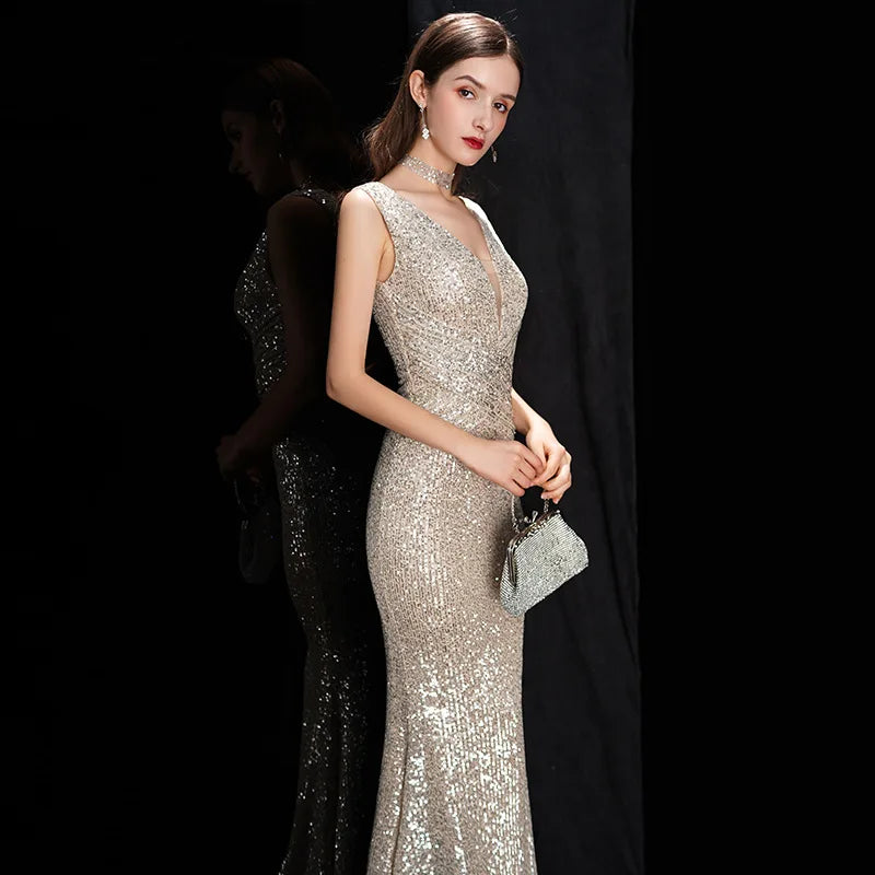 Elegant V Neck Sequin Evening Dress Long 2023 New Women Mermaid Formal Dress Party Gown Bodycon Maxi Prom Dress