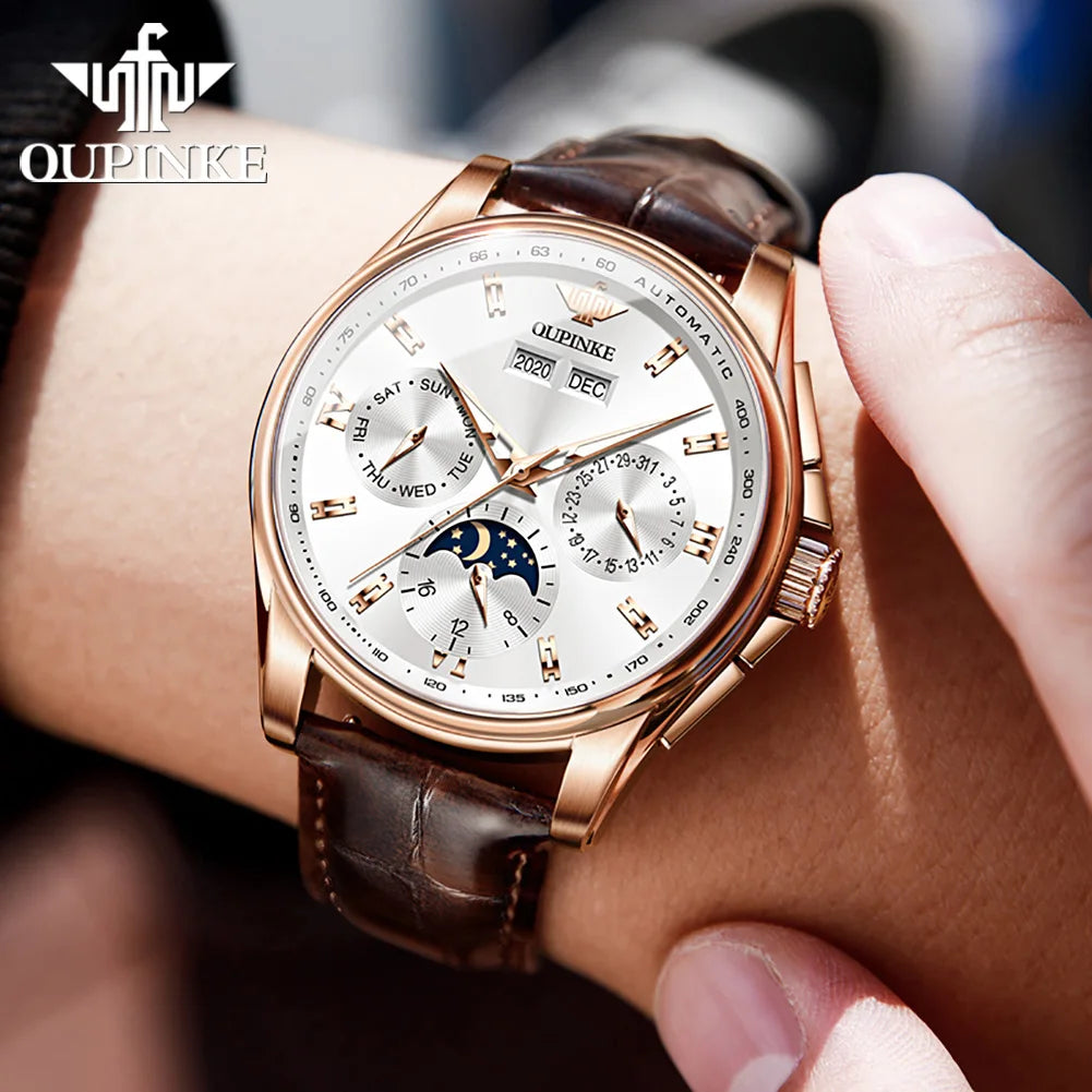 OUPINKE Luxury Men Automatic Mechanical Watches Genuine Leather Band - theultimatemarketshop