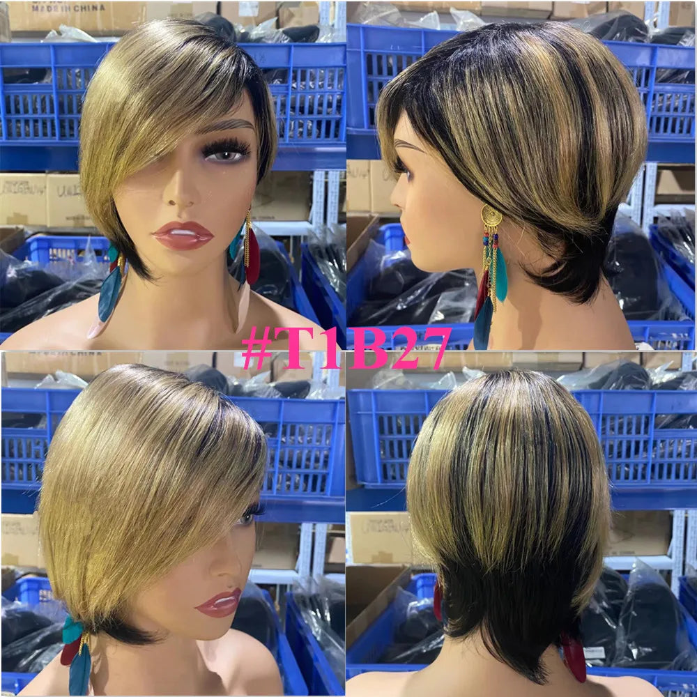 Short Human Hair Pixie Cut Wigs Non Lace Front Human Hair Wigs With Bangs For Black Women  Remy Brazilian - theultimatemarketshop