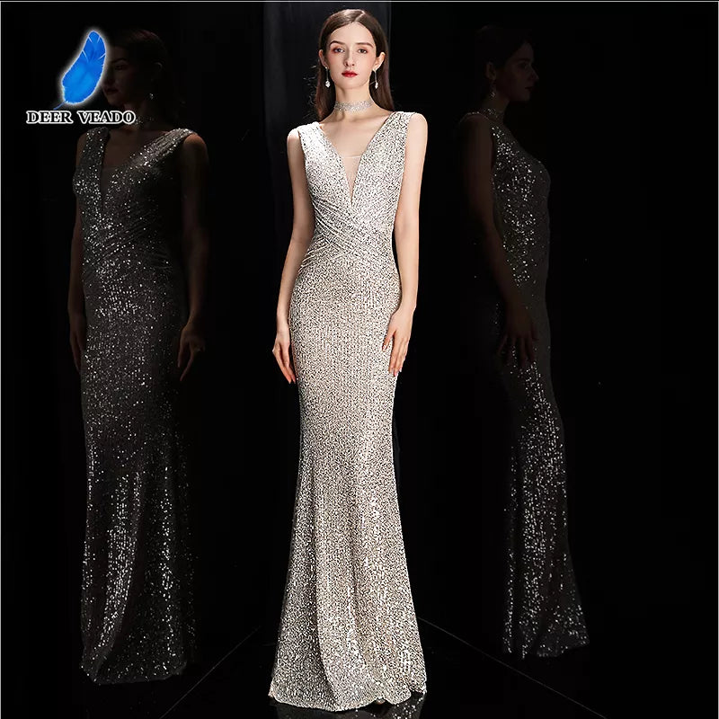 Elegant V Neck Sequin Evening Dress Long 2023 New Women Mermaid Formal Dress Party Gown Bodycon Maxi Prom Dress