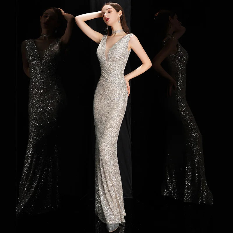 Elegant V Neck Sequin Evening Dress Long 2023 New Women Mermaid Formal Dress Party Gown Bodycon Maxi Prom Dress