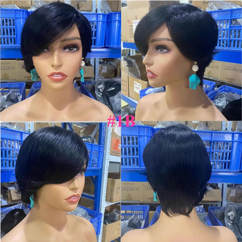 Short Human Hair Pixie Cut Wigs Non Lace Front Human Hair Wigs With Bangs For Black Women  Remy Brazilian - theultimatemarketshop