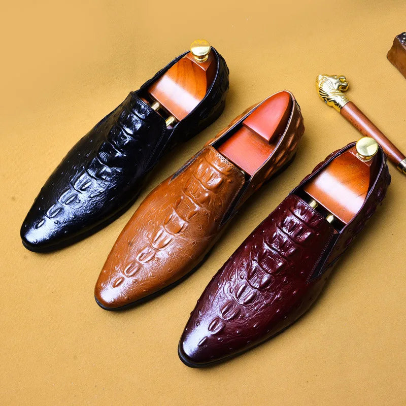 Phenkang Men Genuine Leather Pointed Toe Leather Crocodile Embossed Pattern Slip On Brogues Dress Shoes - theultimatemarketshop