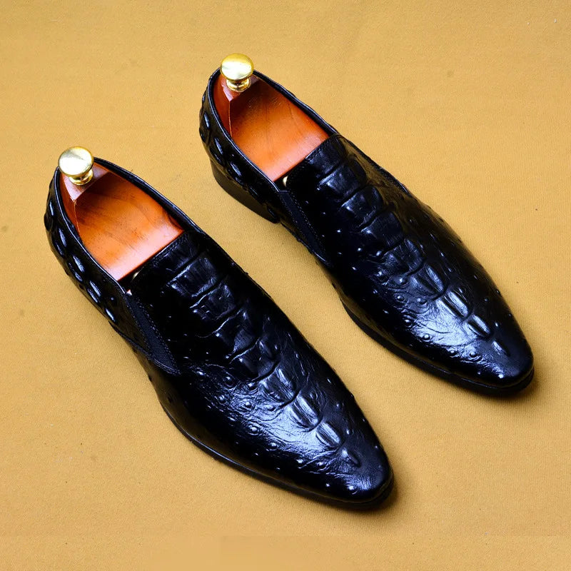 Phenkang Men Genuine Leather Pointed Toe Leather Crocodile Embossed Pattern Slip On Brogues Dress Shoes - theultimatemarketshop