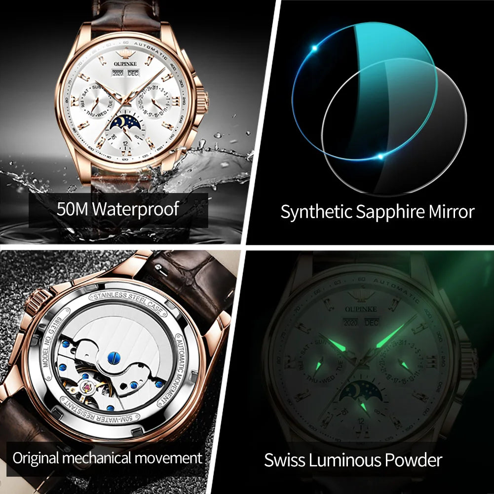 OUPINKE Luxury Men Automatic Mechanical Watches Genuine Leather Band - theultimatemarketshop