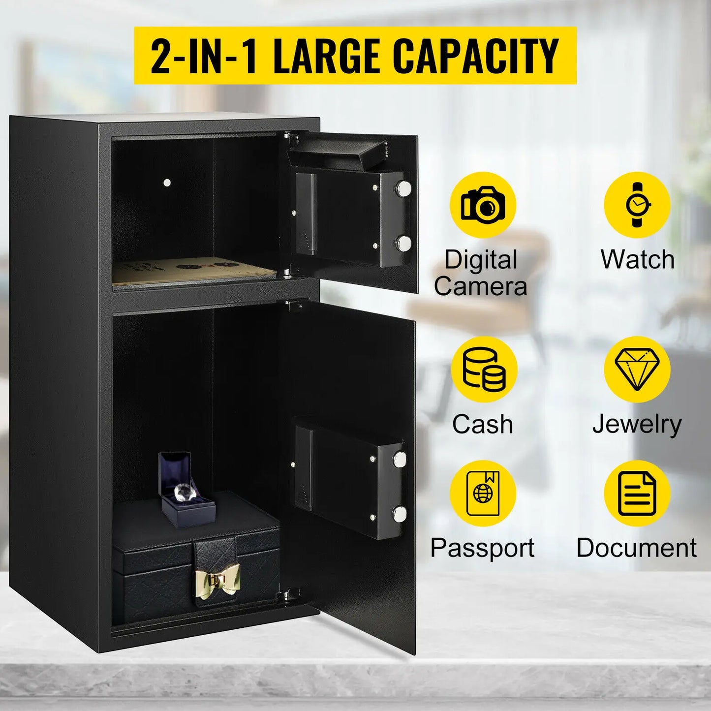 Double Door Safe Deposit Box, Secret Hidden Piggy Bank, Steel, Separate Storage Space Electronic Lock Use for Office/Home