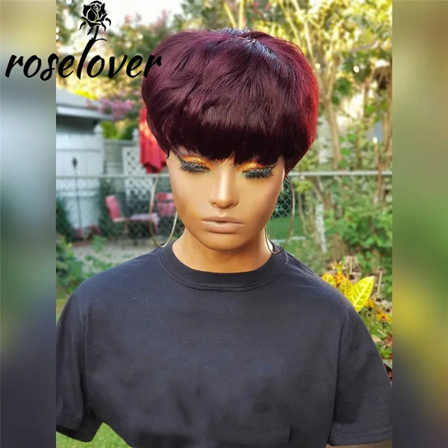 Short Burgundy Pixie Cut Wig Straight Hair Wig Peruvian Remy Human Hair  For Black Women 150% Glue less - theultimatemarketshop