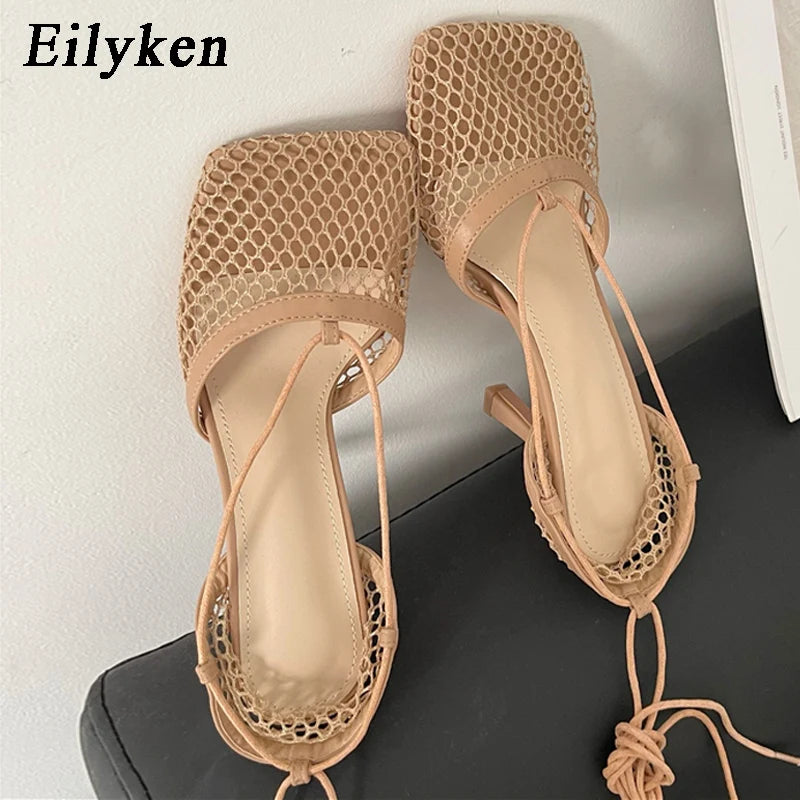 Eilyken Autumn Mesh Sandals Square Toe High Heel Lace Up - theultimatemarketshop