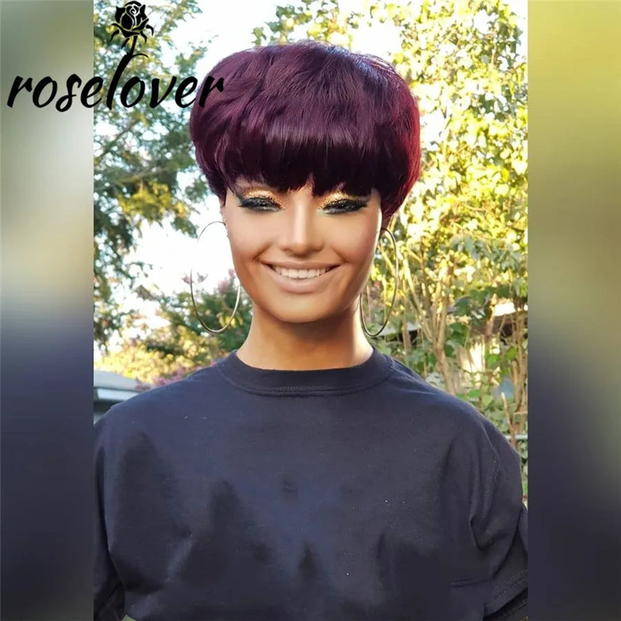 Short Burgundy Pixie Cut Wig Straight Hair Wig Peruvian Remy Human Hair  For Black Women 150% Glue less - theultimatemarketshop