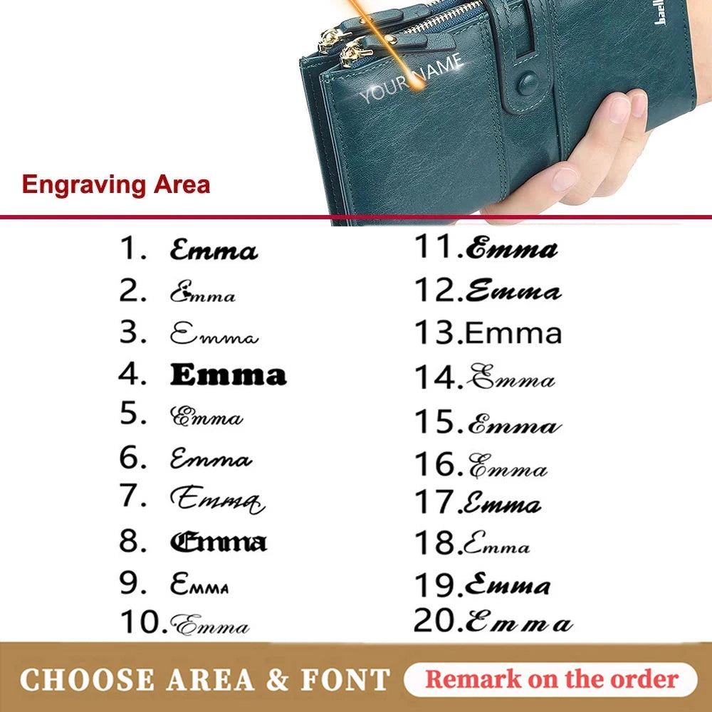 Name Engraved Women Wallets Fashion Long Leather Top Quality Card Holder Classic Female Purse