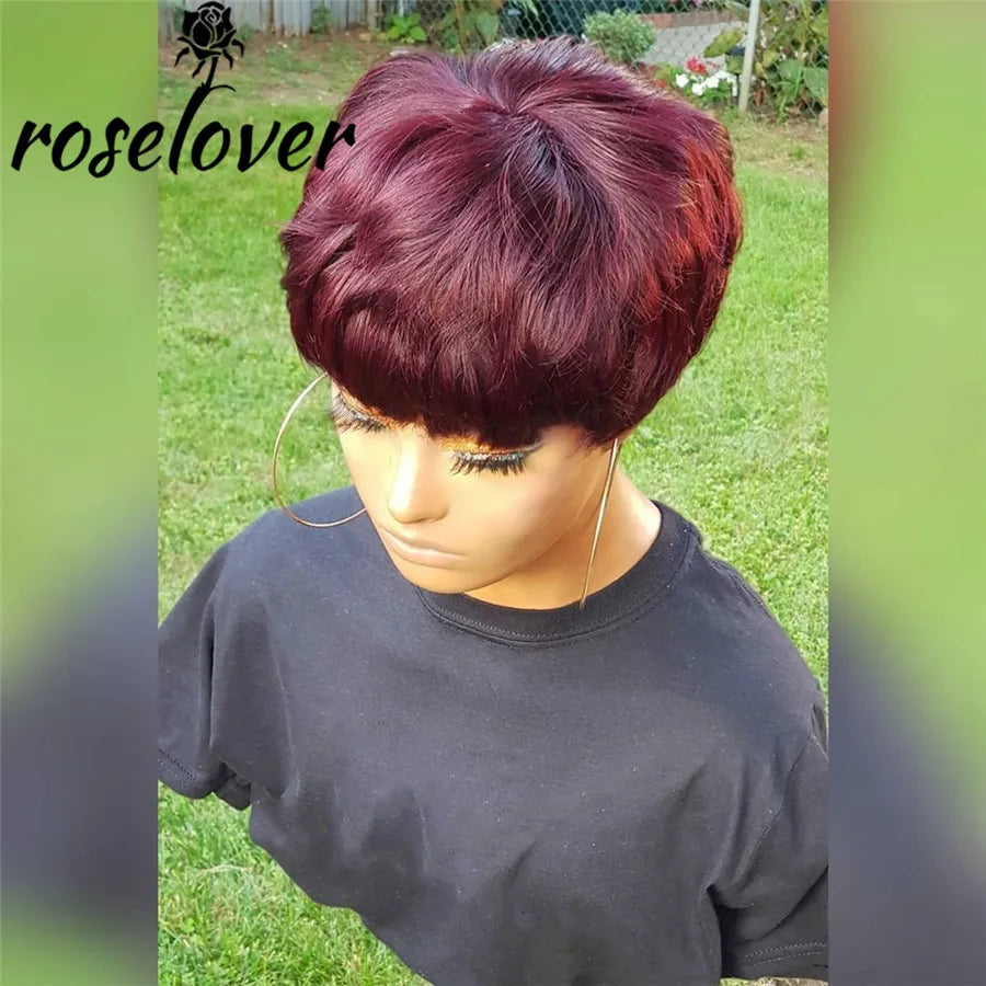 Short Burgundy Pixie Cut Wig Straight Hair Wig Peruvian Remy Human Hair  For Black Women 150% Glue less - theultimatemarketshop