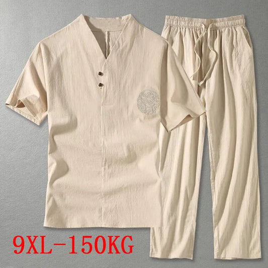 Men's Clothing Large Size  Summer Suit Linen t-shirt Fashion Male Set Two Pieces