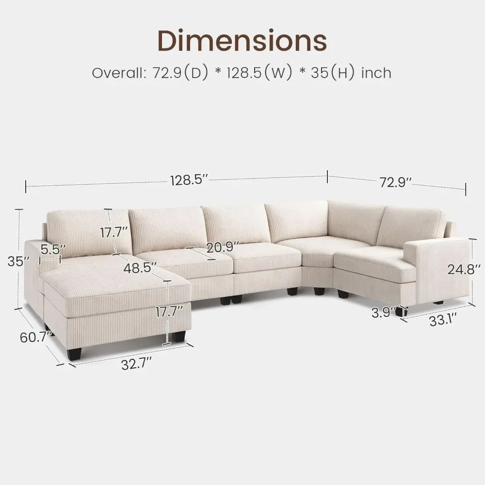 Sectional Sofa with Storage Ottoman, U Shape Sectional Couch Corduroy Modular Sectional