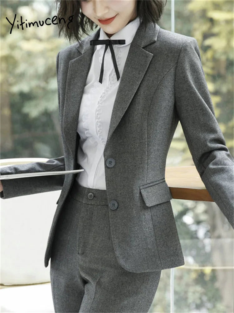 Ladies Pants Suits for Women New Long Sleeve Single Breasted Slim Blazer 2 Piece Set - theultimatemarketshop