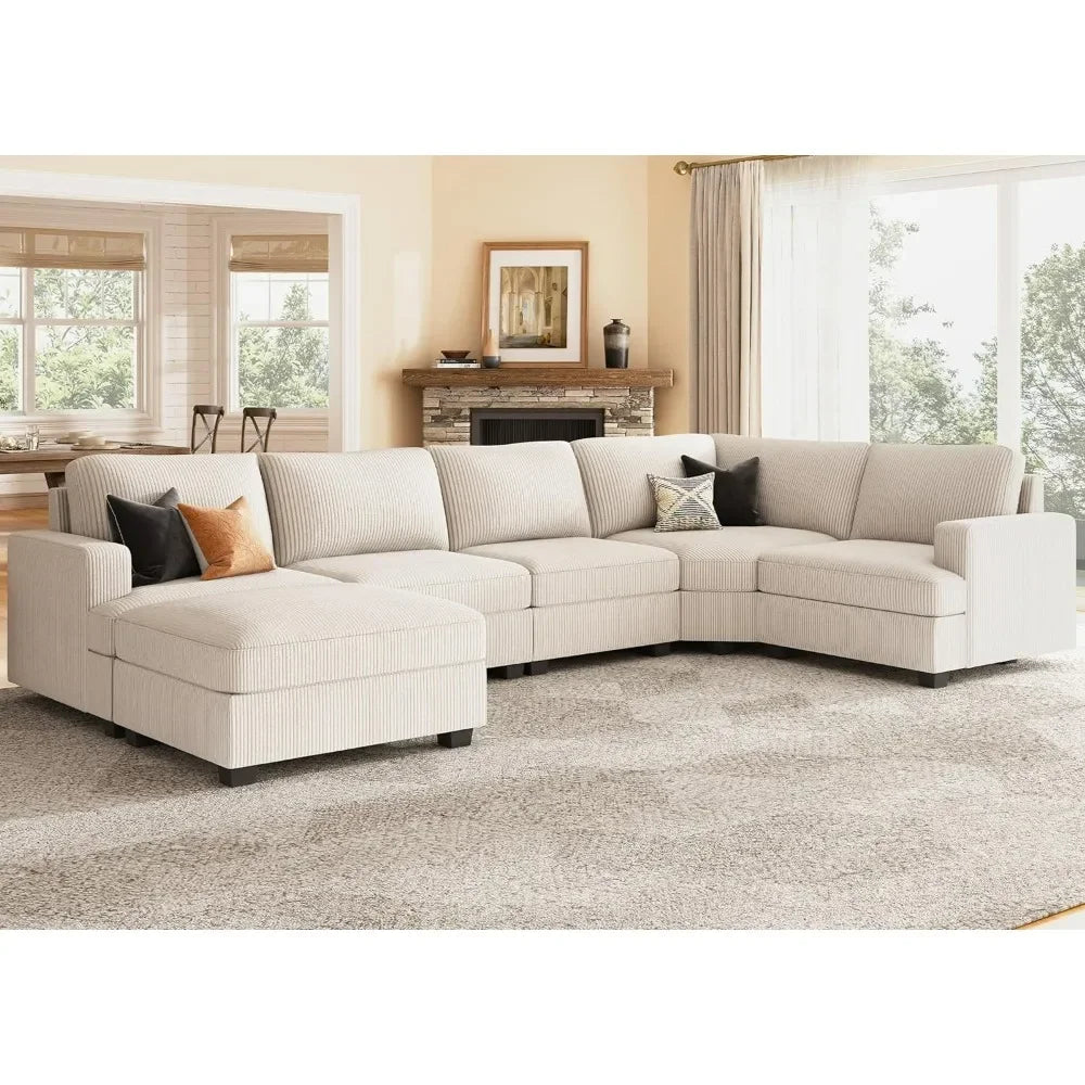 Sectional Sofa with Storage Ottoman, U Shape Sectional Couch Corduroy Modular Sectional