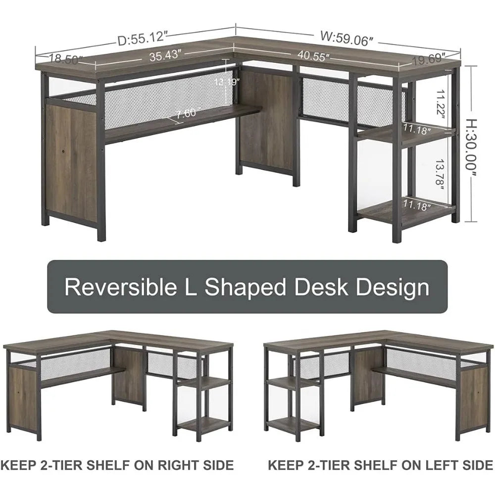 Office Desk Table Reversible Wood and Metal Corner Desk (Walnut Brown Furniture for Room 59 Inch) for Laptop and Gaming Table - theultimatemarketshop