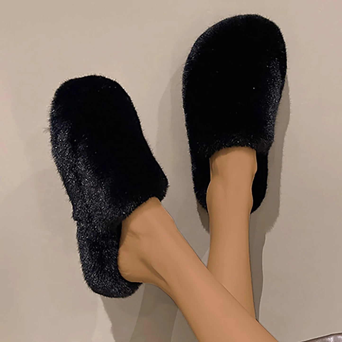 Winter Women Solid Color Fur Slippers Home Indoor Fluffy Slides Warm Plush Bedroom Shoes