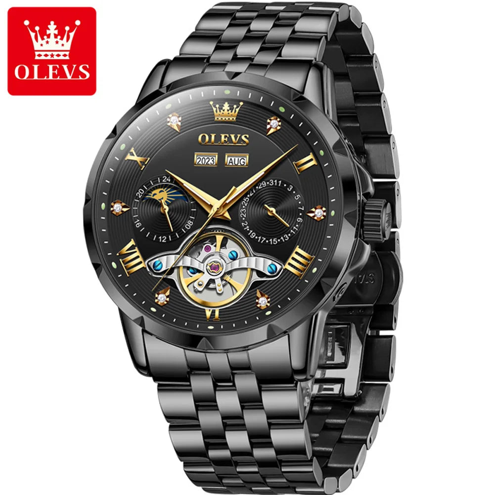 Men's Automatic Mechanical Wristwatch Luxury Skeleton Flywheel Design Moon Phase Waterproof Original Brand Man Watch