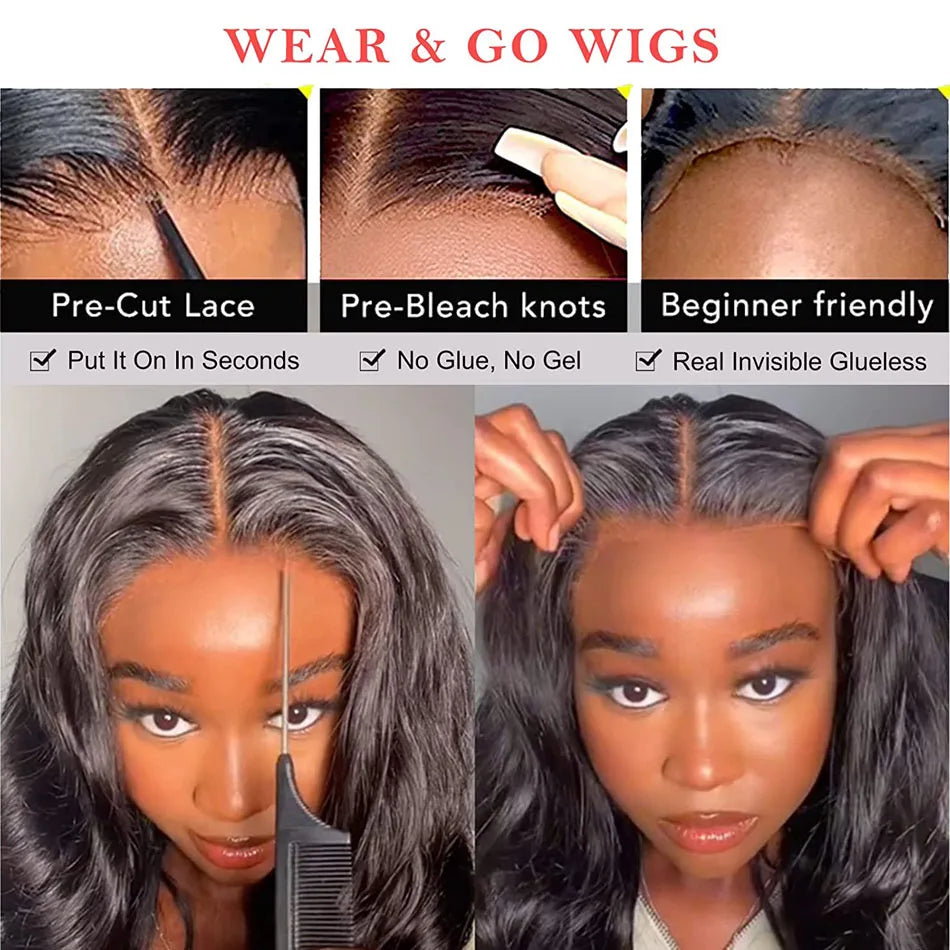 Glue less Wig Human Hair Ready To wear Pre Cut Pre Plucked 4x4 5x5 Body Wave Lace Closure  Brazilian Wig - theultimatemarketshop