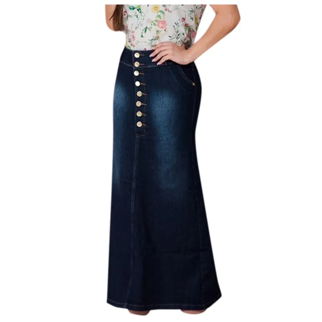 Women's Turmput Demin Skirts Fashion Casual Solid Button Washed Denim Ankle-length Skirts Ladies Long Jean Skirt