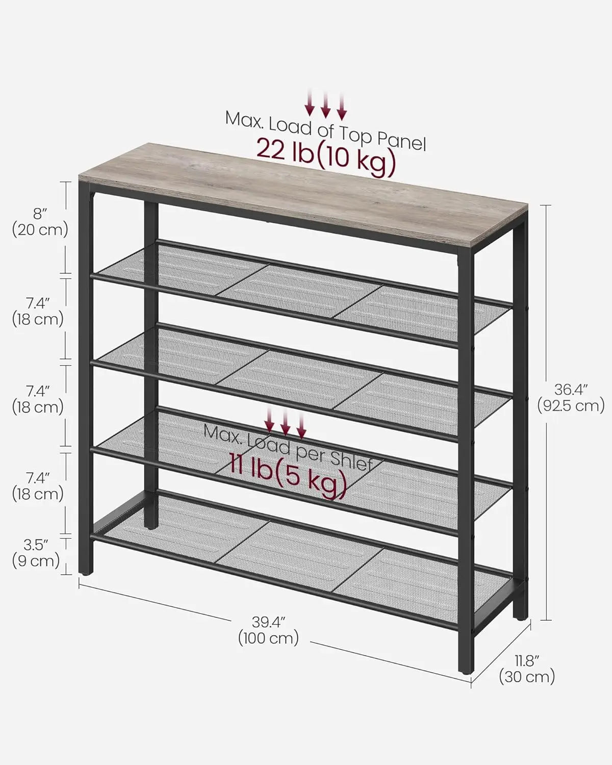 Shoe Rack, Organizer for Closet with 4 Mesh Shelves and Large Top for Bags, Entryway Hallway Shelf, Steel Frame