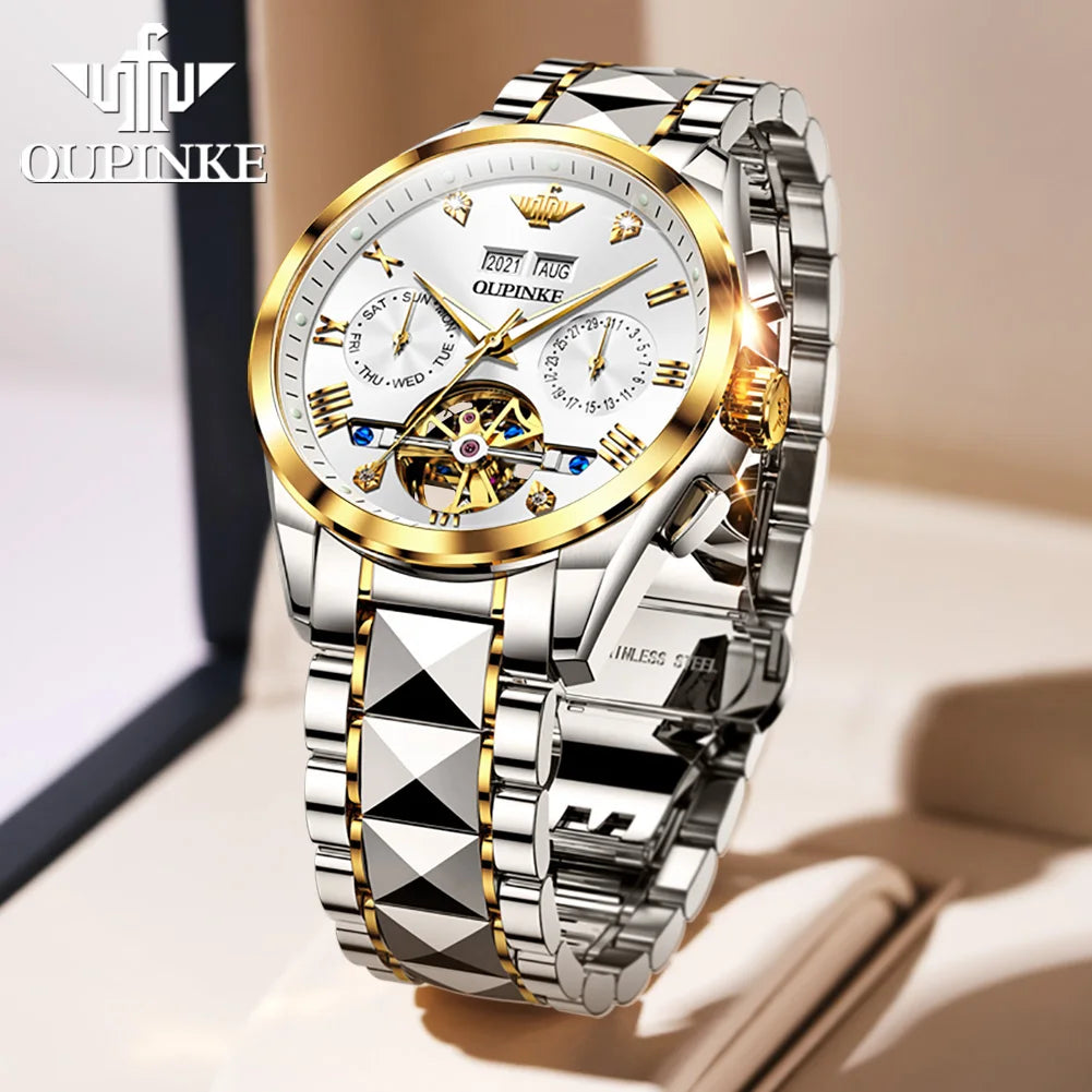 High Quality Luxury Skeleton Flywheel Automatic Watch for Men Waterproof Dual Calendar Brand Men's Wristwatch