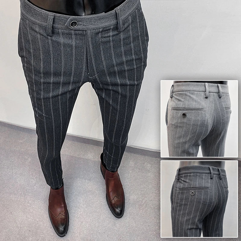 Men Stripe Suit Pants New High-quality Slim Dress, Fashion Casual Trousers - theultimatemarketshop