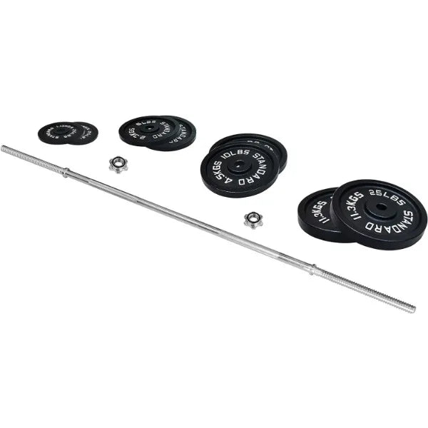 Signature Fitness Cast Iron Standard Weight Plates Including 5FT Standard Barbell with Star Locks, 95-Pound Set