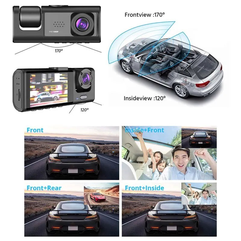 Dash Cam W/ IR Night Vision Loop Recording & 2" IPS Screen 1080P 3 Camera - theultimatemarketshop