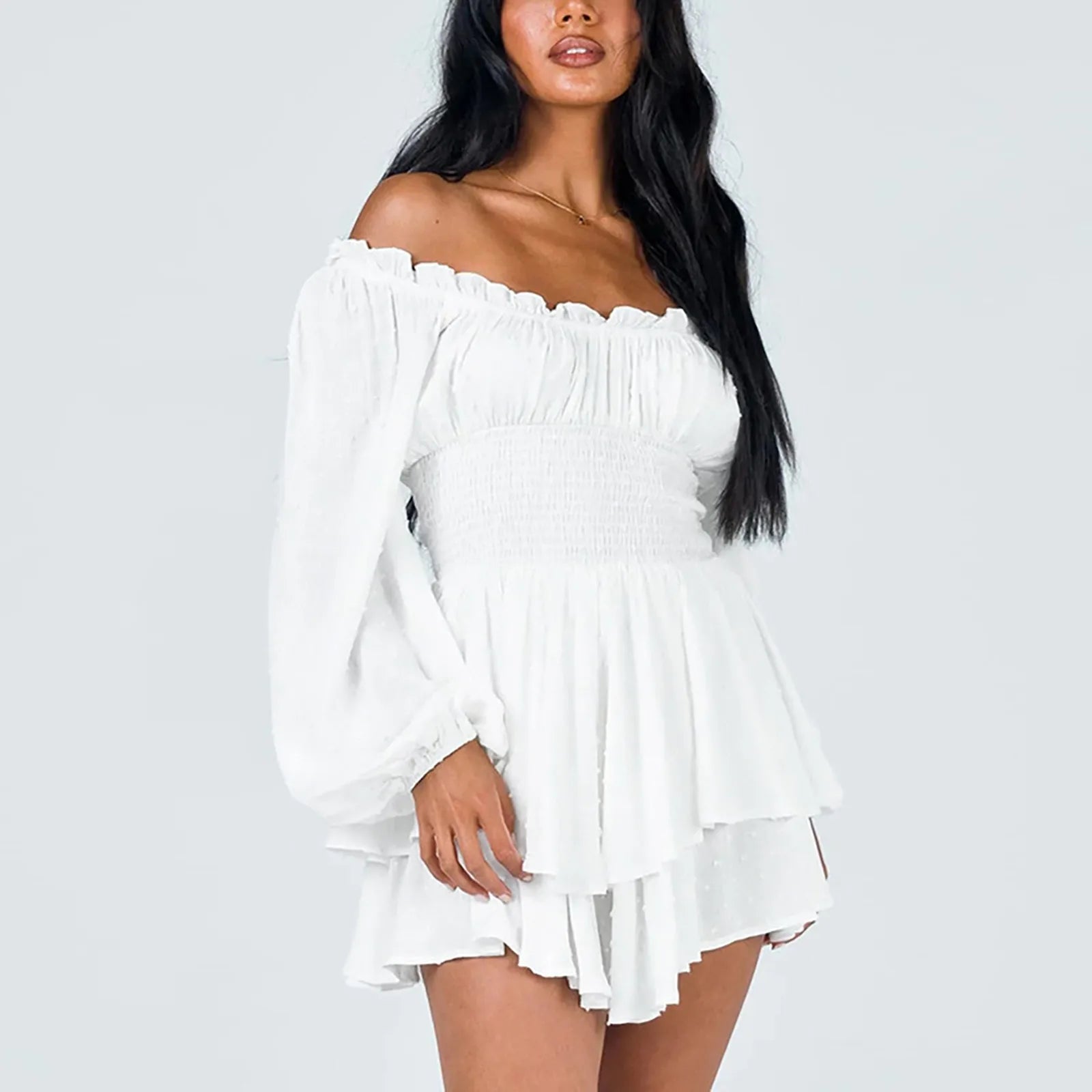 Summer Women's Pleated Dress Off Shoulder  Long Sleeve Casual Ruffle - theultimatemarketshop