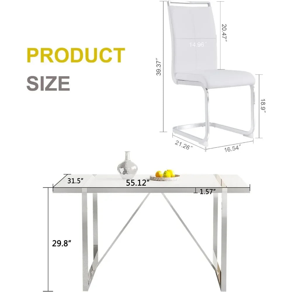 4 metal frame chairs+1 white rectangular dining table set, size 55 x 55 x 29.2, strong load-bearing capacity