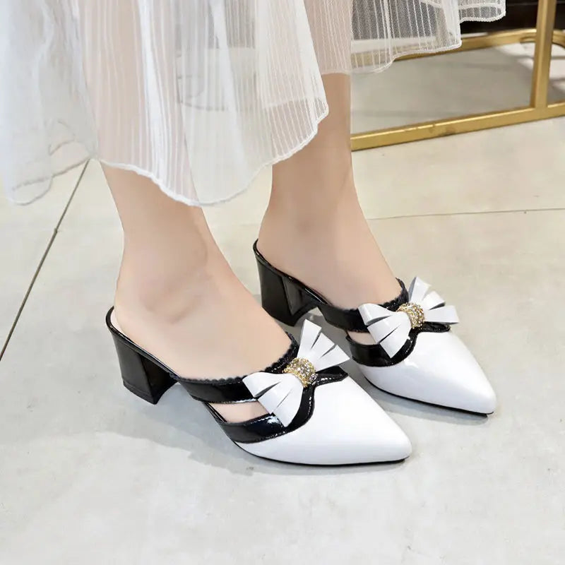 Women's Slippers and Ladies Sandals Jewels Summer 2024 Crystals Slides Pointed Toe Shoes Black Heeled Mules Rhinestone with Bow