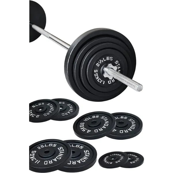 Signature Fitness Cast Iron Standard Weight Plates Including 5FT Standard Barbell with Star Locks, 95-Pound Set