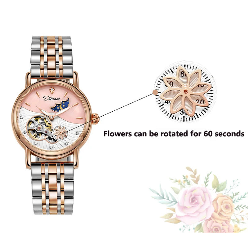 Rotatable Flowers Female Watch Women Top Brand Luxury Fashion Moon Phase Waterproof Automatic Mechanical Watches