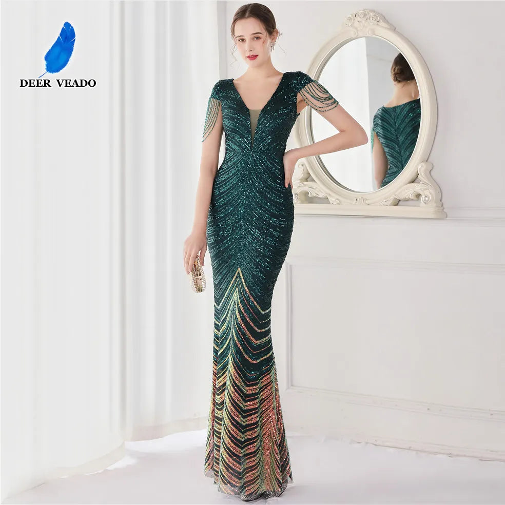 Elegant V Neck Mermaid Evening Dress Long Luxury Beads Women Evening Party Dresses New Formal Dress