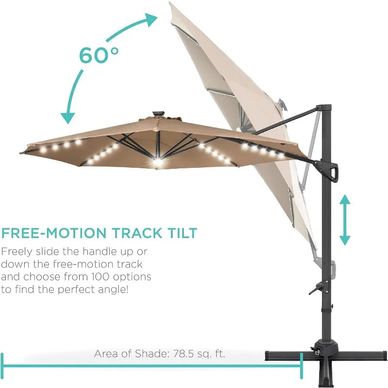 10ft Solar LED Cantilever Patio Umbrella, 360-Degree Rotation. Easy Tilt. - theultimatemarketshop