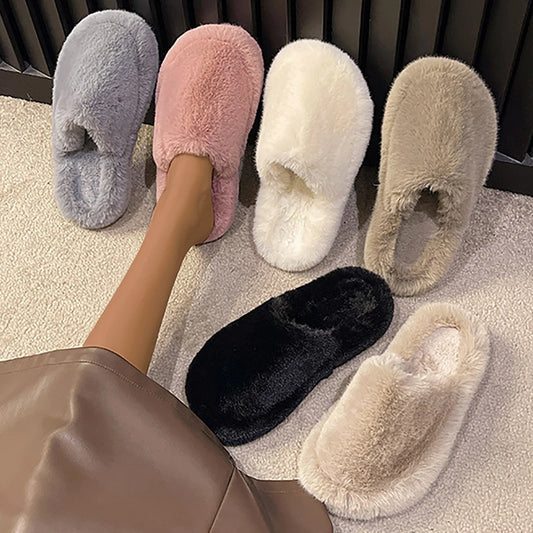 Winter Women Solid Color Fur Slippers Home Indoor Fluffy Slides Warm Plush Bedroom Shoes