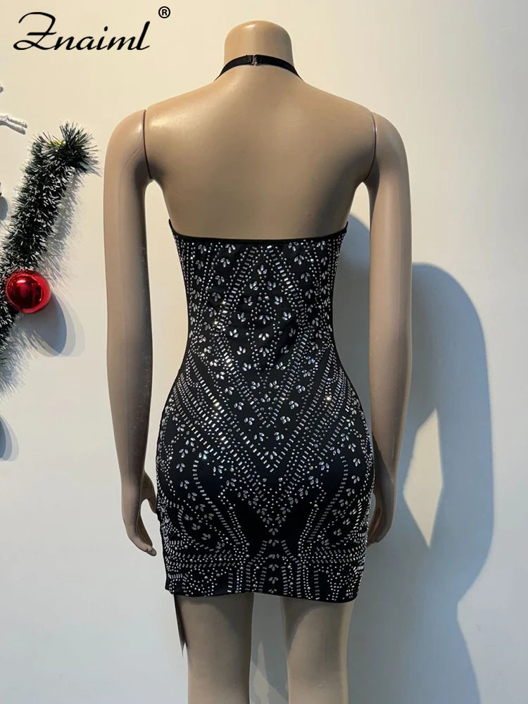 Fashion Rhinestone Halter Sleeveless Stretch Slim Fit Dresses Girls Sexy Night Club Mini Short Dress