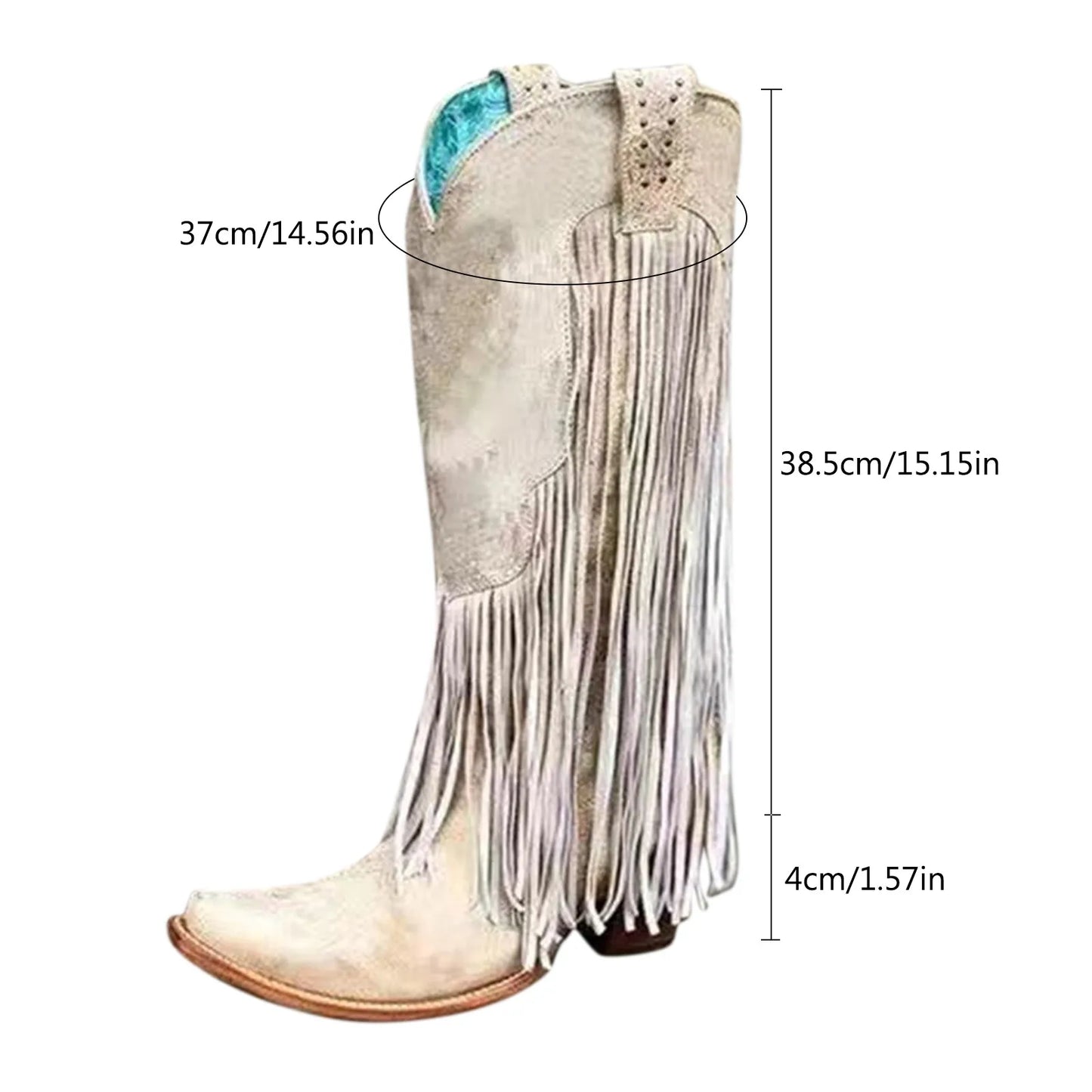 Women's Vintage Fringe Boots Knee-High Low Chunky Heel Pointed Toe Winter Boots High Quality Female Western Cowboy Boots