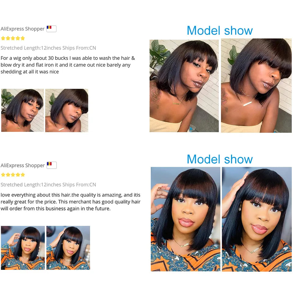 Brazilian Human Hair Wig with Bangs Remy Straight Hair Bob. 8-16 Inches Not Lace front Wig. - theultimatemarketshop